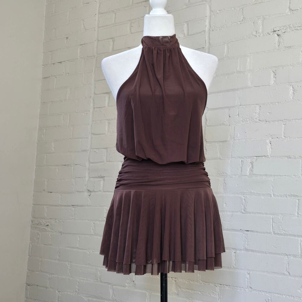 Chocolate Brown Halter Neck Tiered Ruffle Mini Romper Dress┃Y2K Athletic Chic